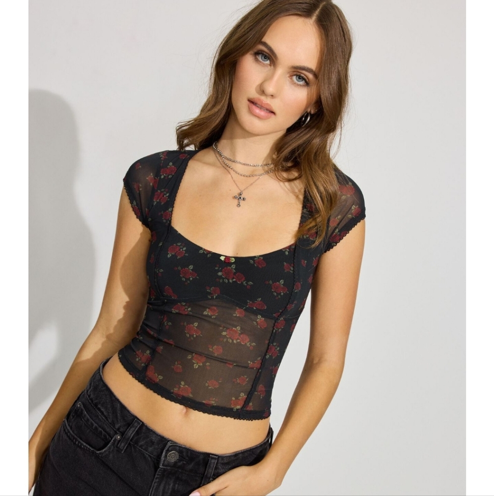 Garage Black Sheer Rose Print Scoop Neck Crop Top